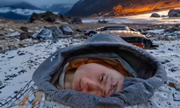 a person is sleeping in the snow near cars