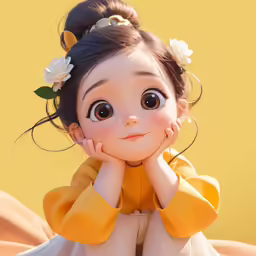 the doll is wearing a yellow dress and flower in her hair
