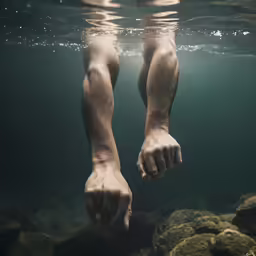 the bottom portion of a person standing under water