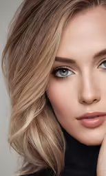 a beautiful blond woman with blue eyes and a high neck sweater