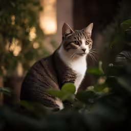 a close up of a cat sitting in some plants