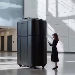 the woman is standing in an airport and looking at her phone