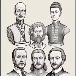 four different pictures of the presidents,an illustration showing a set of seven historical figures,six men in uniforms, from the earliest to last century,a group of people wearing suits and ties,a bunch of portraits of people in military garb