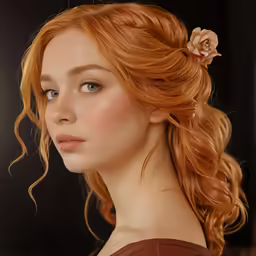 a red haired girl has an elegant flower in her hair