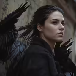 an artistic woman is wearing black feathers and gloves