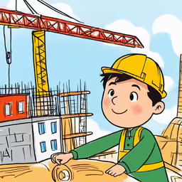 a cartoon boy wearing a hard hat and carrying a wooden plank