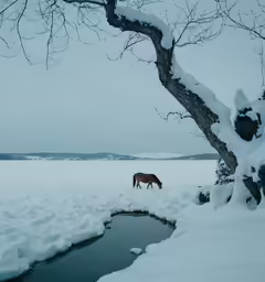 a horse standing on a snow covered river bank