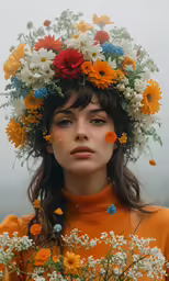 the model wears a flower crown from her hair