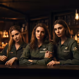 a group of three girls in uniform sitting at a bar