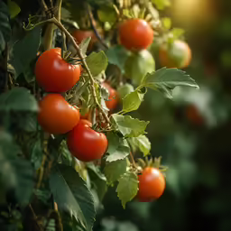 a bush with small ripe tomatoes hanging from it