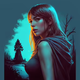 an illustrated of a woman with long hair wearing a cape