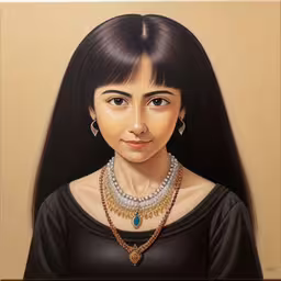 a woman wearing necklaces and holding a flower,this is a portrait painting of a beautiful young woman wearing necklaces,a painting of a woman with some necklaces on,a painting of a woman with a large necklace and big eyes,a portrait of a woman with a long dark hair
