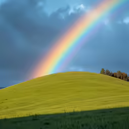 a rainbow is rising over a green grassy hill
