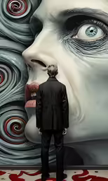 a man is looking at a giant picture