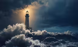 the lighthouse stands tall and surrounded by clouds