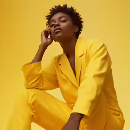 a young person is posing for a photograph in a yellow suit