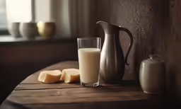 a glass with milk next to a pitcher and some sliced fruit