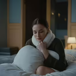 woman wearing a scarf while laying on a bed