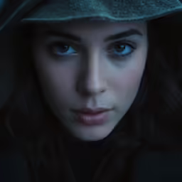 a beautiful woman in blue eyes is staring at the camera