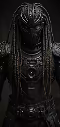 the face and chest of a dark skinned creature with dread locks