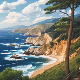 a painting of a ocean view near a beach