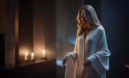 woman in white robe and candles behind her