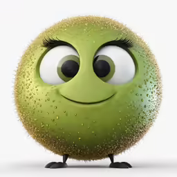 a green ball with one eyes and two lashes