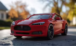 red model car sitting on the pavement in front of a house
