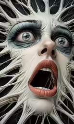 an artistic painting of a woman with her teeth slightly opened and hair looseed