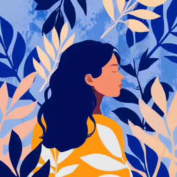 a woman in orange with leaves on her shoulder