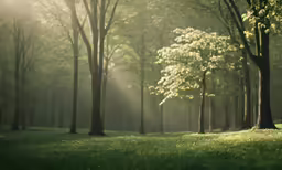 a beautiful view of trees and grass in the sunlight