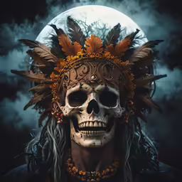 a skeleton with orange feathers and a head piece