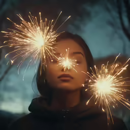 a young woman is standing in front of firework
