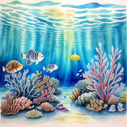 fish are swimming in the water by a painting,an underwater scene with fish and corals,an underwater scene with fish swimming over corals,this is a painting that depicts different sea life,a painting of some ocean life with fish and plants