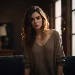 a woman sitting on a couch, wearing a brown shirt and jeans