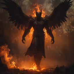 a person in a suit with wings standing near fire