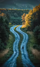 a lone man walking down the middle of a dirt road
