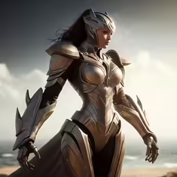 a woman in a silver armor holding onto some metal armor