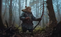 the girl in the jacket is looking up and holding a stick