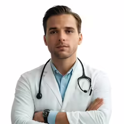 the man in white coat is posing with his arms crossed