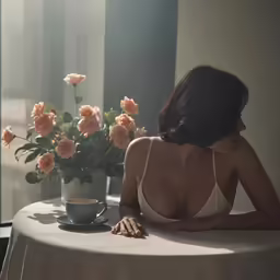 a woman with large breast is sitting at a table with her back to the camera, looking at flowers