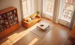 a yellow couch sitting in front of a window next to a white rug