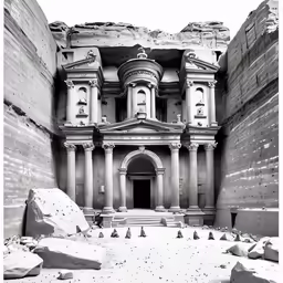 a black and white photo shows a small old building with statues and arches