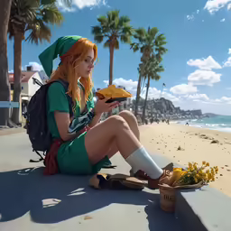 a female figure sits on a bench next to a fruit bowl