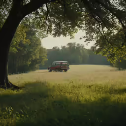 red truck parked in a grassy area by a large tree