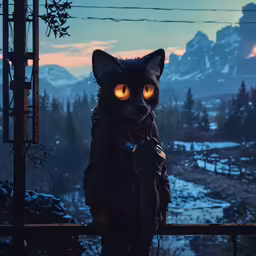 black cat with glowing eyes standing outside in winter time