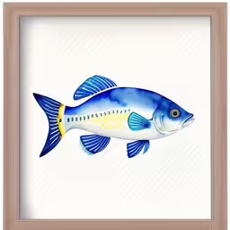 blue fish with yellow under its fins,a watercolor painting of a fish in a frame,a large blue and yellow fish watercolored on paper,an image of a painting on the wall of a fish,a picture of a blue and yellow fish