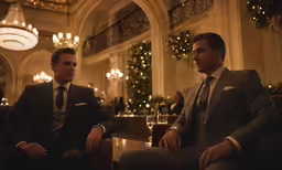 two men sitting down in the middle of a room together