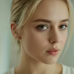the woman is posing with her blue eyes closed
