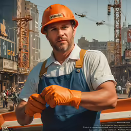 a man wearing an orange safety helmet and orange gloves stands near a construction site in the city